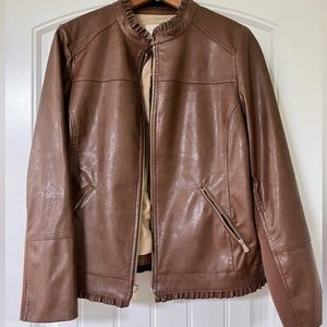 Chico’s brown Fuad leather jacket size 1 ruffle trim zipper pocket ribbed sleeve